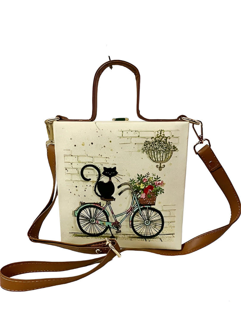 Azzra Designer Sling Bag with Cat on Bicycle Art for Girls & Women |